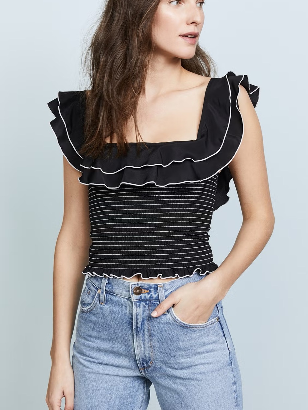Likely Black Ruffle Smocked Crop Top with White Trim